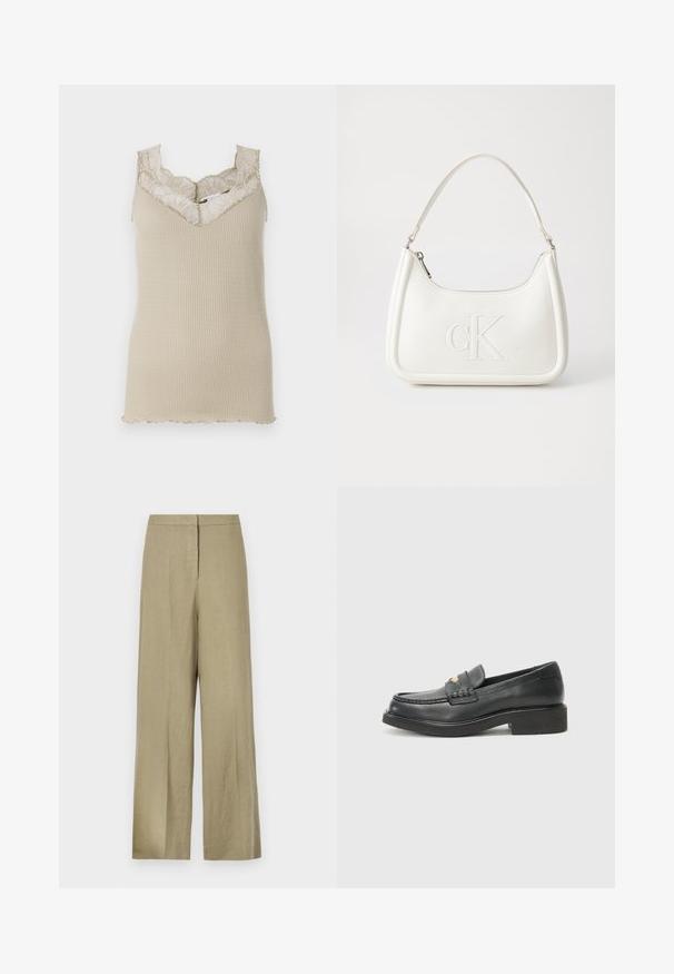 Top fără mâneci beige cu un decolteu din dantelă cu margini ondulate. Materialul este neted, având o siluetă ajustată și detalii delicate din dantelă.; Pantaloni largi de culoare verde deschis, confecționați din in. Prezintă un talie înaltă și un design frontal curat, cu o pliu simplu.; Loafers din piele neagră, cu un accent împletit pe vamp, un detaliu cu logo auriu și o talpă chunky din cauciuc negru. Textură netedă cu un ușor luciu.; Geantă de umăr din piele albă cu formă curbată, având un logo "CK" embosat pe partea din față și un singur braț de umăr. Închidere cu fermoar în partea de sus.