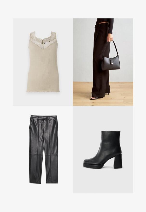 Bež majica brez rokavov z nastavkom iz čipk s skodranim robom. Tkanina je gladka, s prilegnjeno silhueto in občutljivimi čipkastimi detajli.; Črne usnjene hlače z gladko teksturo, z ravnim krojem, dvema sprednjima žeparjema in vidnimi šivi.; Črne usnjene gležnjarje z blok peto in platformo, prikazane s strani na enobarvni beli podlagi.; Črna torbica z strukturirano obliko, gladko teksturo in kovinskim zaponko. Ujemajo se z širokimi črnimi hlačami in odprtimi sandali na lesenem tleh.