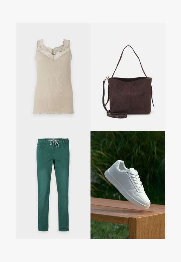 Top senza maniche a coste beige con scollatura in pizzo ondulato. Il tessuto è liscio, presenta una siluetta aderente e delicate rifiniture in pizzo.; Pantaloni in misto cotone verde con design a gamba dritta, vita con cordoncino e due tasche frontali. Tessuto liscio e senza fantasie.; Sneaker bianco con tomaia in sintetico liscio, punta perforata, lacci piatti e suola testurizzata, esposto su una superficie di legno.; Borsa a spalla in suede marrone con una texture morbida, caratterizzata da una singola tracolla e un'apertura superiore leggermente curvata. Nessun dettaglio hardware visibile.