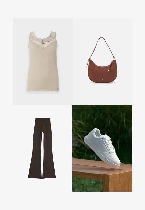 Beež ribakujuline särk, millel on laineline pitsi kaelus. Kangas on sile, omades liikuvat siluetti ja peeneid pitsist detaile.; Tumedast pruunist flared-silmased retuusid laia, soonikuga vöökohtaga. Valmistatud pehmest ja venivast materjalist, ilma nähtavate õmblusteta ja riistvara elementideta.; Valged sneakerd, millel on sile sünteetiline ülemine osa, väikeste aukudega varvaskast, lamedad paelad ja tekstuuriga tald, eksponeeritud puidust pinnal.; Pruun faux nahast õlaline kott, millel on kaarjas kuju, minimaalne õmblemine ja kuldse tooni metallist aksessuaar. Omab ülemist tõmblukku ja reguleeritavat rihma.