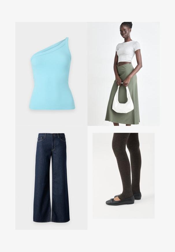 Light blue ribbed tank top featuring a one-shoulder design and a smooth texture. Elastic fabric provides a fitted silhouette.; Wide-leg jeans in dark blue denim. Features contrast stitching, five pockets, and a button closure at the waist. Smooth texture.; Black flat shoes with a small bow detail at the toe, paired with dark brown ribbed tights. Shoes have a smooth texture and low profile.; Gray ribbed crop top and olive green high-waisted skirt. Model holds a white shoulder bag with cut-out detailing. Simple design, fitted silhouette.