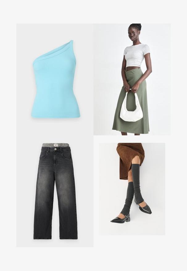 Ljusblå ribbad ärmklänning med en axel och en mjuk textur. Elastiskt tyg ger en åtsittande silhuett.; Svarta denim byxor med vida ben och en houndstooth-mönstrad midjeband. Funktioner inkluderar framfickor och knäppning med knapp. Sliten textur.; Svarta lackläderskor med spetsig tå, blockklack och ankelrem, i kombination med grå ribbade benvärmare och en brun mockakjol.; Grå ribbad crop top och olivgrön högmidjad kjol. Modellen håller en vit axelremsväska med utskärningar. Enkelt design, tight passform.