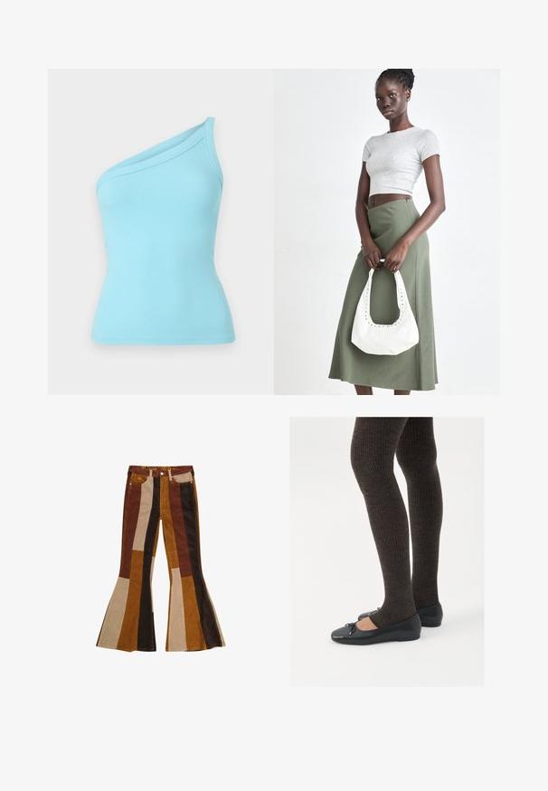 Top in cotone a coste azzurro chiaro con design a spalla unica e texture liscia. Il tessuto elastico offre una silhouette aderente.; Pantaloni a zampa in velluto a coste con motivo a righe nelle tonalità di marrone, beige e oro, con tasche e una fascia colorata in vita.; Scarpe nere a flat con un piccolo fiocco sulla punta, abbinate a collant a coste marrone scuro. Le scarpe hanno una texture liscia e un profilo basso.; Top crop a coste grigio e gonna a vita alta verde oliva. Il modello tiene una borsa a spalla bianca con dettagli intagliati. Design semplice, silhouette aderente.