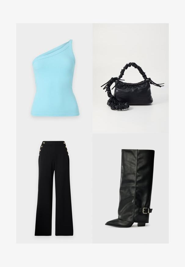 Top in cotone a coste azzurro chiaro con design a spalla unica e texture liscia. Il tessuto elastico offre una silhouette aderente.; Pantaloni neri a vita alta a gamba larga con bottoni dorati lungo il davanti e tasche su entrambi i fianchi su uno sfondo bianco.; Stivali neri in pelle fino alla caviglia con punta affusolata, texture liscia e una fibbia argentata accento sul lato. Tacco quadrato spesso.; Borsa a tracolla in ecopelle nera con texture a coccodrillo, apertura cinchata e tracolla arricciata. Si presenta con un design morbido e compatto.