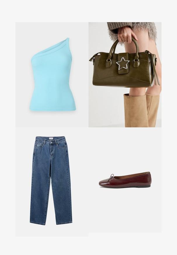 Light blue ribbed tank top featuring a one-shoulder design and a smooth texture. Elastic fabric provides a fitted silhouette.; Classic blue denim jeans with a straight-leg design, five pockets, and a button closure. Features a medium wash and sturdy texture.; Burgundy patent leather ballet flat with a rounded toe, small bow accent at the front, and a low, black rubber sole. Smooth texture.; Olive green faux leather handbag with silver star accent, dual handles, and a zip closure. Textured surface and structured shape.
