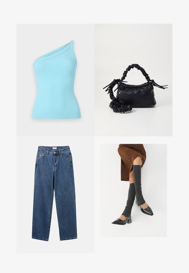 Hellblaue, gerippte Tanktop mit einem schulterfreien Design und einer glatten Textur. Der elastische Stoff sorgt für eine taillierte Silhouette.; Klassische blaue Denim-Jeans mit geradem Bein, fünf Taschen und Knopfverschluss. Sie verfügen über eine mittelblau gewaschene Optik und sind aus robuster Textur.; Schwarze lacklederne spitze Schuhe mit Blockabsatz und Knöchelriemen, kombiniert mit grauen gerippten Beinstulpen und einem braunen Wildlederrock.; Schwarze Handtasche aus Kunstleder mit Krokodilstruktur, gerafftem oberen Teil und einem geschoppten Tragegurt. Sie wirkt weich und kompakt im Design.