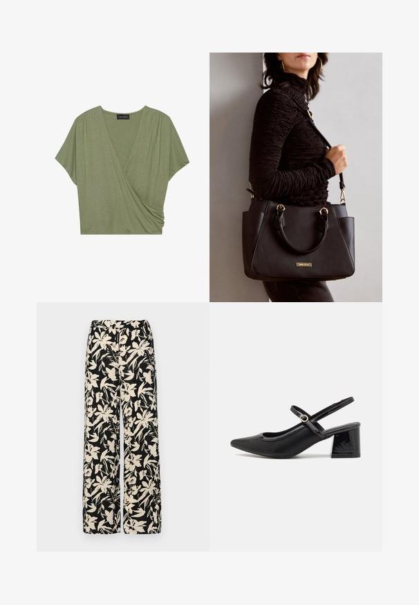 Krata s kratkim rukavima u maslinasto zelenoj boji, napravljen od mekane, lagane tkanine s V-izrezom i nabranim detaljima sa strane.; Crne široke hlače s kremastim cvjetnim uzorkom. Izrađene od lagane tkanine, sa glatkom teksturom i visokim pojasom.; Crne lakirane slingback visoke potpetice s šiljastim vrhom, zaobljenim izrezom i blok potpeticom. Sadrži akcent zlatnog tona s kopčom.; Crna torba s teksturiranom površinom, dvostrukim gornjim ručkama i podesivom remenom za rame. Ima zlatne metalne detalje i bočne džepove.