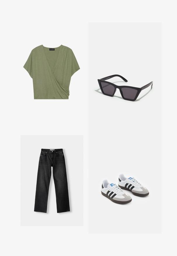 Kortærmet, olivengrønt omslagstop lavet af blødt, let stof med V-hals og sammensnøring på siden.; Bershka Jeans Straight Leg - mottled dark grey; Sportsko med en overdel i hvid læder, grå ruskind på tåen og tre sorte striber. Har et blåt logo på tungen og en struktureret gummisål.; Sorte, kantede solbriller med grå linser; lavet af plast, med tykke stænger med en glat overflade og ingen synlig hardware.
