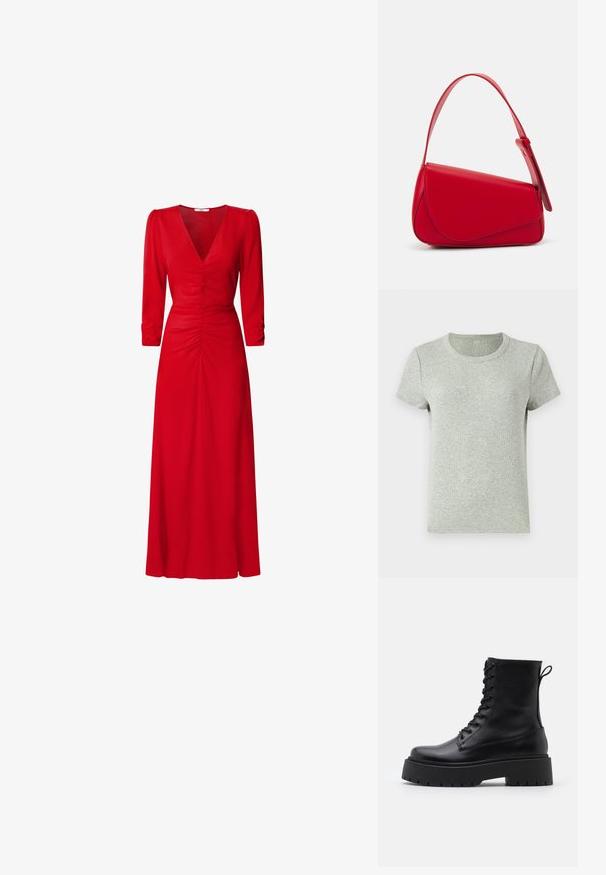 Graues kurzärmliges T-Shirt mit Rundhalsausschnitt, aus geripptem Stoff gefertigt. Glatte Textur mit regulärer Passform und minimalistischem Design.; Rotes Kleid mit V-Ausschnitt, 3/4-Ärmeln und Raffung an der Taille und am Rücken. Der Stoff wirkt glatt und leicht.; Schwarze Lederstiefeletten mit runder Zehenpartie, Schnürung vorne und einer dicken Gummisohle mit strukturiertem Profil. Mit Zugschlaufe an der Rückseite.; Rote Lederhandtasche mit einem kantigen, geometrischen Design. Verfügt über einen verstellbaren Schulterriemen und einen Klappenverschluss mit genähten Details.