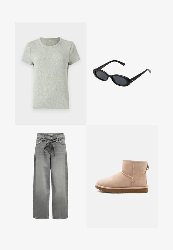 Siva majica kratkih rukava s okruglim izrezom, izrađena od rebrastog materijala. Glatka tekstura s regularnim krojem i minimalnim dizajnom.; Široke siva traperice s elastičnim pojasom i prednjim džepovima. Tkanina ima blagu teksturu i izblijedjeli izgled.; Bež antilop čizme do gležnja s zaobljenim vrhom, šivenim detaljima i teksturiranom smeškom gumom. Ima pull tab na poleđini.; Crne velike sunčane naočale s ovalnim staklima, glatkim plastičnim okvirom i zlatnim detaljima na sljepočnicama. Tamna stakla pružaju zaštitu od sunca.; Crna torba od lakirane kože na rame s zakrivljenim oblikom, koja ima srebrni trokutasti logo i zatvaranje na patent. Glatka tekstura i uski remen.