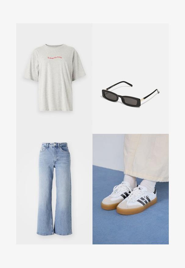JJXX JXMILLOW LOOSE TEE - Triko s potiskem - light grey melange; Světle modré kalhoty s vysokým pasem a širokými nohavicemi, s předními a zadními kapsami, zapínáním na knoflík a jemným zesvětlením na stehnech a lemech.; Bílé tenisky s černými pruhy a béžovými semišovými akcenty. Mají texturovanou gumovou podrážku a ploché bílé tkaničky, nošeny s světlými ponožkami.; Černé obdélníkové sluneční brýle s tmavými skly, lesklými plastovými rámy a zlatými akcenty na spáncích. Minimalistický design a štíhlý tvar.