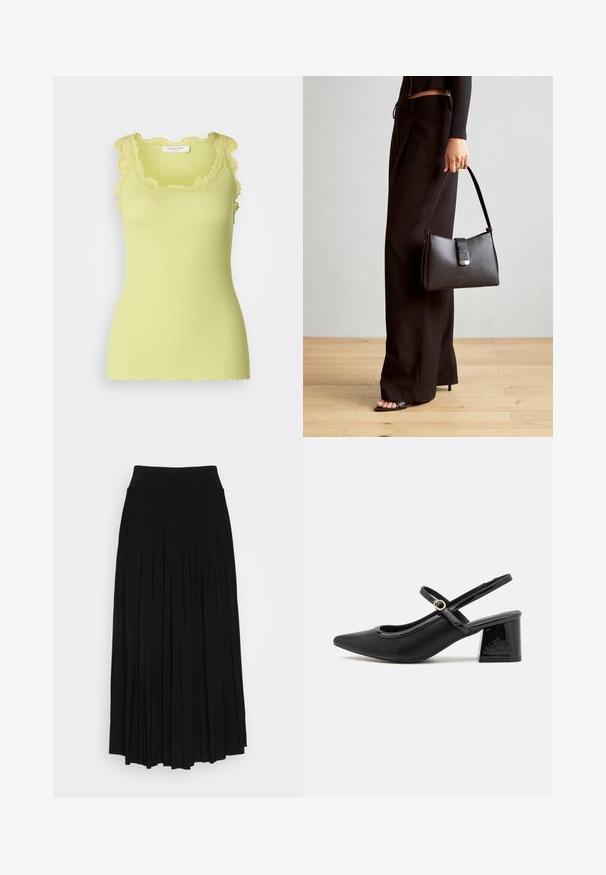 Rosemunde BABETTE U NECK - Topp - guava green; Must mustriga seelik kõrge ja veniva vöökohaga. Valmistatud pehmest kangast, millel on vertikaalsed volangid voolava silueti saavutamiseks.; Mustad läikivad nahast slingback-kõrged kontsad, millel on terav nina, ümar lõikekujundus ja blokknina. Omab kuldset nupu aktsenti.; Must musta kott, millel on struktureeritud kuju, sile tekstuur ja metallist klamber. Kombineeritud laiate mustade pükstega ja avatud varvaste sandaalidega puidust põrandal.