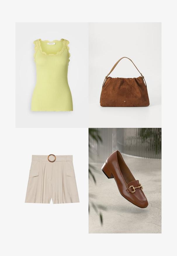 Rosemunde BABETTE U NECK - Top - guava green; Beige high-waisted shorts with a wide, flat waistband, wooden circular buckle, pleated front, and two side pockets. Smooth fabric texture.; Brown patent leather loafer with square toe, metallic chain accent, and low block heel; smooth texture, minimalist design.; Brown suede handbag with a gathered design, featuring a single tan leather strap and a subtle gold logo detail on the front.