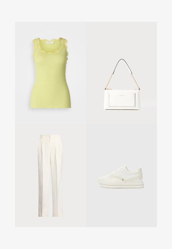 Rosemunde BABETTE U NECK - Felső - guava green; Polo Ralph Lauren HEMP WIDE LEG PANT - Nadrágok - nevis; Fehér sportcipők sima és textúrált anyagok keverékével, diszkrét logóval, fűzős kialakítással és zigzag talppal.; Fehér bőr kézitáska, texturált felülettel, arany lánccal és fekete részletekkel. Elülső zsebbel és cipzáros zárással rendelkezik.