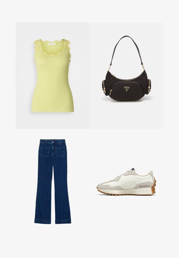 Rosemunde BABETTE U NECK - Top - guava green; Jeans a zampa d'elefante in denim di colore blu scuro, con una consistenza liscia, design a cinque tasche e chiusura a bottone in vita.; Sneaker bianca e beige con tomaia in pelle liscia, dettagli in suede, punta rotonda e suola in gomma testurizzata. Nome del brand stampato sul lato.; Borsa a spalla in tessuto nero con accessori in tonalità oro, dotata di un ampio scomparto con zip e due piccole tasche laterali con zip.