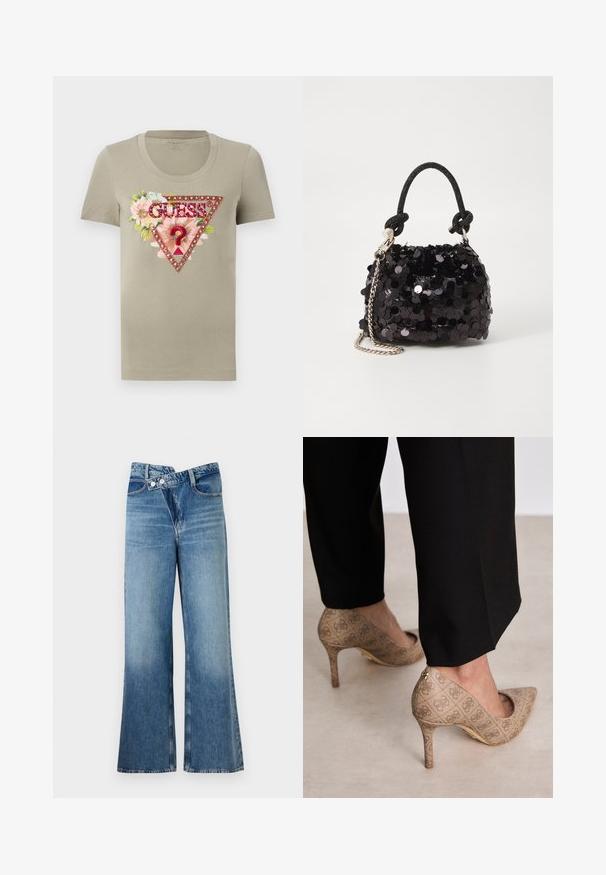 Khaki katoenen t-shirt met een ronde hals, voorzien van een bloemig driehoekontwerp en het "GUESS"-logo versierd met rhinestones.; Lichtblauwe flared jeans met een hoge taille, voorzien van twee knopen en voorzakken. De stof heeft een vervaagde textuur met subtiele variaties.; Beige hoge hakken met een gestructureerde stof met een herhalend patroon. Puntige neusontwerp met een achteraccent en gouden hakdetail.; Zwarte pailletten mini handtas met een geknoopte textuurriem en zilveren ketting. Rondvormig met een geplooide bovenkant en reflecterende details.