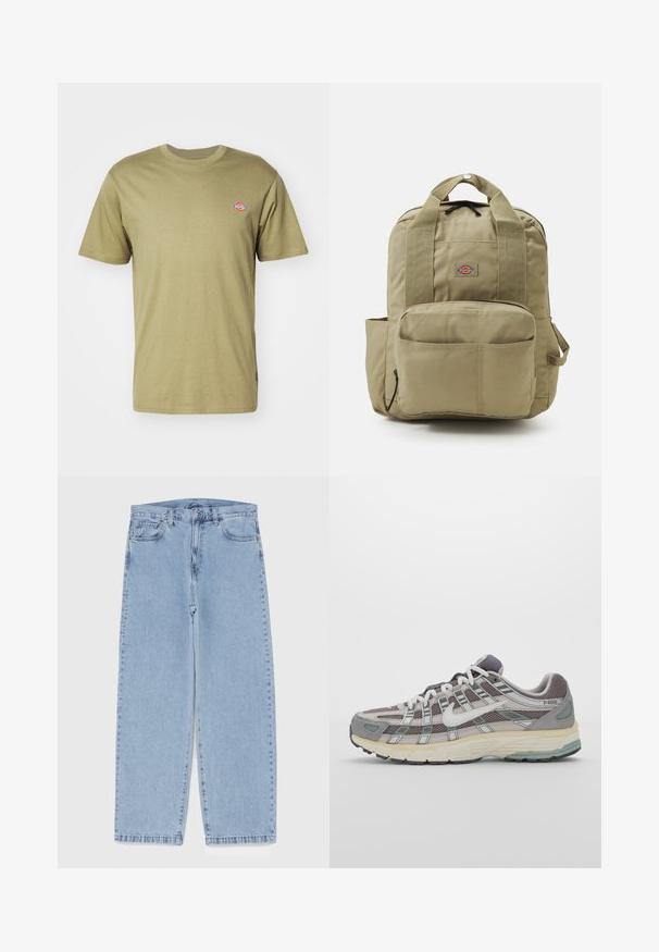 Olive green cotton t-shirt with short sleeves, crew neck, and small colorful logo on the left chest. Simple, classic design.; Light blue denim jeans with straight leg design, featuring a mid-rise waist, five pockets, and a button and zipper closure.; Gray athletic shoe featuring a mesh and suede upper, white accents, a cushioned sole, and a distinctive design with reflective elements.; Khaki backpack with padded straps, front pocket, and a round logo. Made of durable fabric, featuring a top handle and side pocket.