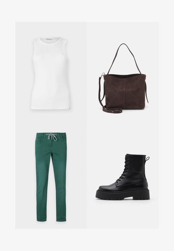 Bela brezrokavnik iz rebraste tkanine, s krožnim izrezom, gladko teksturo in majhno blagovno oznako na spodnjem stranskem šivu.; Zelene hlače iz bombažne mešanice s ravnim krojem, pasom na vrvico in dvema sprednjima žepoma. Gladka tekstura in brez vzorcev.; Črne usnjene gležnjarje z okroglo konico, vezalnim sprednjim delom in debelim gumijastim podplatom z teksturiranim profilom. Zanka na hrbtni strani.; Rjava gamoška torba z mehkobo teksturo, ki ima en samo ramenski trak in subtilno ukrivljen zgornji del. Brez vidnih kovinskih detajlov.