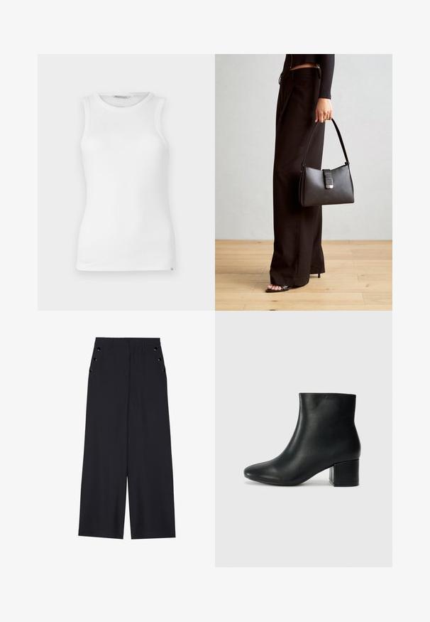 Bjela bezrukavna rebrasta majica, s okruglim izrezom, glatkom teksturom i malom oznakom branda na donjem bočnom šavu.; Hlače širokih nogavica od tamnoplave tkanine, s glatkom teksturom, prednjim ispupčenjima i dekorativnim zlatnim okovama na bočnim džepovima.; Crne kožne čizme do članaka s uskim vrhom i debelim potplatom. Glatka tekstura s minimalnim detaljima i elegantan, prilagođen dizajn.; Crna torba s oblikom koji sadrži strukturu, glađu teksturu i metalnu kopču. Uparena s širokim crnim hlačama i sandalama na otvorenom s drvenog poda.