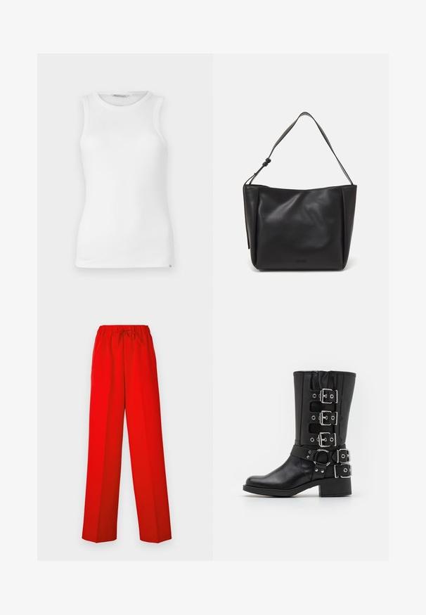 Witte mouwloze ribbed tanktop met een ronde halslijn, een gladde textuur en een klein merklabel aan de zijkant onderaan.; Rode broek met een wijde pijpdesign, gemaakt van gladde stof. Voorzien van een elastische tailleband en trekkoorddetail voor een verstelbare pasvorm.; Zwarte leren laars met een hoge schacht, voorzien van meerdere zilveren gespen en riemen, een ronde accent en een chunky hak. Matte afwerking.; Calvin Klein GRACIE MEDIUM - Handtas - black
