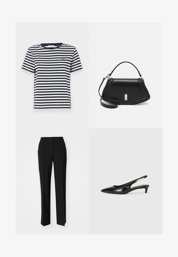 Navy and white striped cotton t-shirt with a round neckline and short sleeves, featuring a small embroidered logo on the chest.; Black tailored trousers with a straight-leg design, featuring a smooth texture and crisp creases along the front. No visible hardware.; Black leather slingback heels with a pointed toe, featuring a slim heel and a gold-tone accent on the adjustable strap. Smooth texture.; Black leather handbag with a structured design, featuring a cropped shape, top handle, and gold hardware accent. Adjustable shoulder strap included.