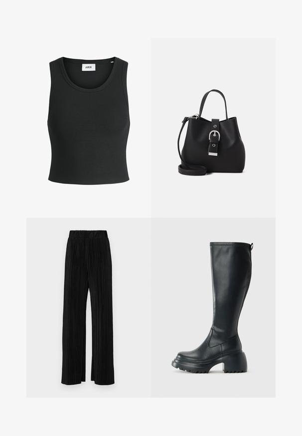 Juodas ribotas marškinėlis be rankovių su apvaliu iškirpimu; pagamintas iš minkštos, elastingos medžiagos, kad būtų patogu ir gerai priglustų.; Juodi plisuoti kelnės su elastine juosta. Turėkite plačias kojas ir glotnų, tekstūrinį audinį su vertikaliais dryžiais.; Ilgas juodos odinės batai su masyvi platforma ir stačiakampiu kulnu, turintys traukimo kilpą ir tekstūruotą pado raštą.; Juoda kibiro formos rankinė, pagaminta iš lygaus odos, pasižyminti struktūrizuota forma, trumpa rankena ir nuimamu peties diržu. Sidabrinės sagties detalė.