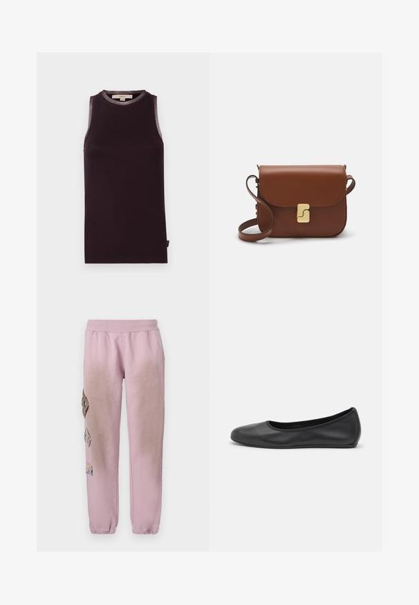 Černý žebrovaný tílko s kulatým výstřihem a průsvitným lemem na ramenou. Obsahuje štítek uvnitř u krku. Měkčí textura.; Růžové tepláky s elastickým pasem, které mají dekorativní nášivky ve tvaru diamantů na levé straně a elastické manžety u kotníků.; Černé kožené baletní byty s kulatou špičkou, hladkou texturou, minimálními švy a flexibilním designem podrážky.; Hnědá kožená kabelka s klopou, zlatými kovovými detaily, ramenním popruhem a hladkým povrchem. Kompaktní obdélníkový tvar.