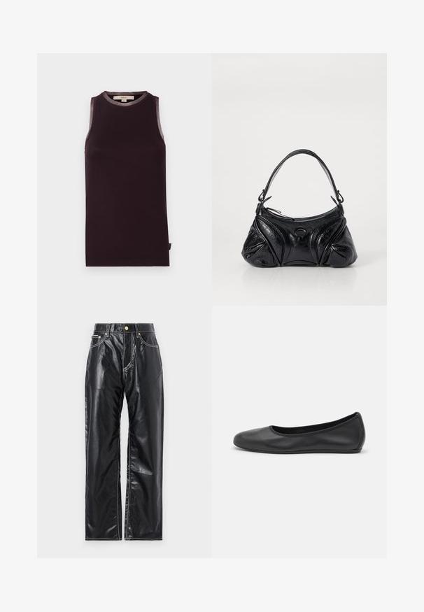 Black ribbed tank top with a round neckline and sheer trim at the shoulders. Features a label inside at the neck. Soft texture.; Black faux leather pants with a wide-leg cut, featuring white stitching, front pockets, and a gold button at the waistband.; Black leather ballet flat with a rounded toe, smooth texture, minimal stitching detail, and a flexible sole design.; Black handbag made of textured leather with a rounded shape. Features a thin shoulder strap and decorative embossed patterns.
