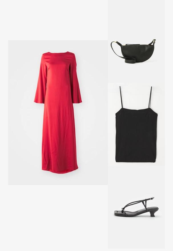 Zwarte mouwloze camisole met dunne bandjes, gemaakt van een zachte katoenmix, met een rechte halslijn en een aansluitende silhouet.; Lange rode jurk van lichtgewicht stof, met een bateauhalslijn en wijde klokmouwen. Glad textuur met een rechte silhuet.; Zwarte leren sandaal met dunne banden, lage blokhak en vierkante neus. Heeft een gespsluiting en een zachte textuur.; Zwart leren schoudertas met een halve maanvorm, textuur oppervlak, gouden rits en een platte schouderband. Compact ontwerp geschikt voor de benodigdheden.