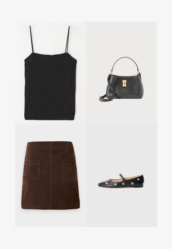 Juoda be rankovių maikutė su plonais petnešomis, pagaminta iš minkštos medvilnės mišinio, su tiesiu iškirpimu ir prigludusia siluetu.; Ruda veliūrinė sijonas, pasižymintis klasikinio A formos siluetu, dviem priekinėmis kišenėmis su apvaliais uždangaliukais ir subtiliais siuvinėjimo akcentais.; Juodų odinių Mary Jane plokščių batų su apvaliu pirštu, papuoštų sidabriniais apvaliais nagais ir reguliuojamu dirželiu su sagtimi.; Juodas odinis rankinukas su tekstūruotu paviršiumi, turintis auksinę spynos uždarymą, trumpą rankeną ir nuimamą peties diržą.