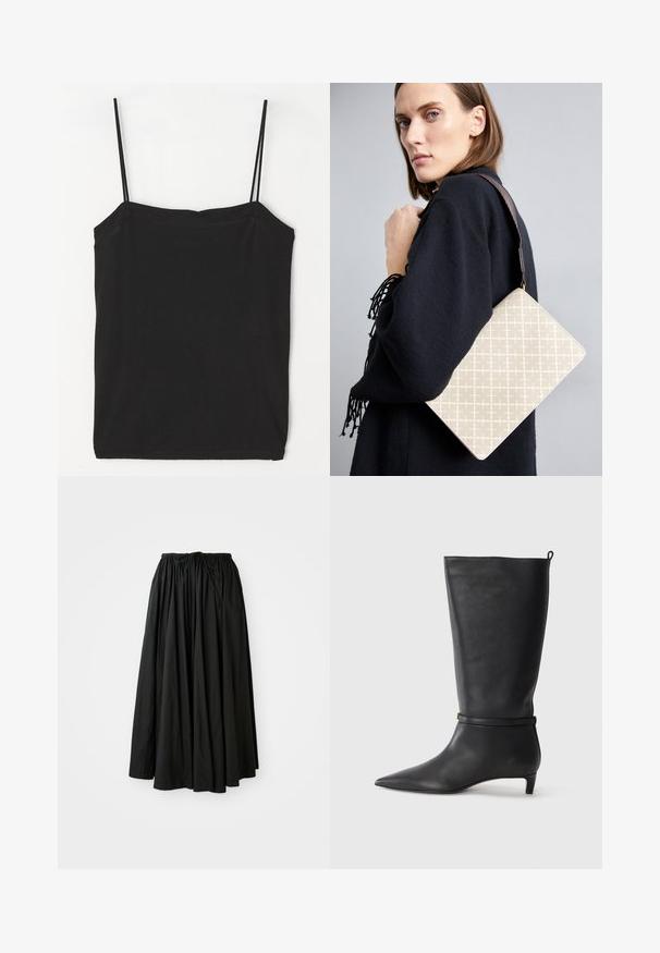 Crna majica bez rukava s tankim trakama, izrađena od mekog pamučnog materijala, s ravnim dekolteom i prilagođenim siluetom.; Crna, suknja do gležnja od lagane tkanine. Ima nabran pojas s vezicom za prilagodljivu veličinu i prošireni kroj.; Crne kožne čizme visine do koljena s izduženim prstima, ukrašene okruglom trakom oko gležnja i niskom, suženom petom. Glatka tekstura.; Bež torba s uzorkom i strukturiranim oblikom, s smešnim teksturiranim remenom. Nošena na modelu protiv sive pozadine.