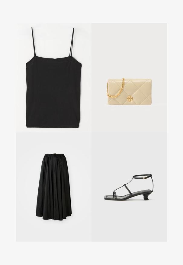 Zwarte mouwloze camisole met dunne bandjes, gemaakt van een zachte katoenmix, met een rechte halslijn en een aansluitende silhouet.; Zwarte, enkellange rok van lichtgewicht stof. Heeft een verzamelde tailleband met een trekkoord voor een verstelbare pasvorm en een uitlopende silhout van.; Zwarte leren sandaal met een vierkante neus, dunne banden, een verstelbare enkelriem en een lage hak. Heeft een kleine gouden accent op de band.; Beige gewatteerde leren handtas met een gouden kettingriem en logo-accent aan de voorkant. Soepele textuur met stiksel in diamantpatroon.