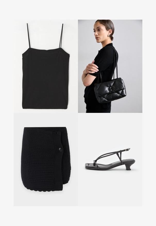 Svart ärmlös camisole med tunna band, tillverkad av mjuk bomullsblandning, med en rak halsringning och en figurnära silhuett.; Svart stickad omslag med ett texturerat mönster, scalloperad nederkant och två stora knappar för stängning. Mjukt material med en mysig design.; Svarta lädersandaler med tunna remmar, låg klack och fyrkantig tå. Har spänne och slät yta.; Svart kviltad läderhandväska med kedjehandtag, med en metallåda på framsidan och en slät yta.