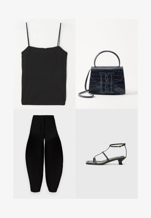 Must mustataheline ilma varrukate ja õhukeste rihmadega, pehmest puuvillasegu kangast, sirge kaelusega ja kitsaste vormide rõhutamisega.; Mustad vööga laiad püksid, millel on pleeritud esikülg ja kitsenevad pahkluud. Valmistatud siledast kangast mattpinnaga.; Must värviline nahk sandaal ruudukujulise varbaga, õhukeste rihmadega, kohandatava pahkluu rihmaga ja madala kandaga. Rihmal on väike kuldne aktsent.; Must musta krokodillimustriga nahast käekott, millel on struktureeritud disain, ülemine käepide, reguleeritav rihm ja silmapaistev esiküljel logo detail.