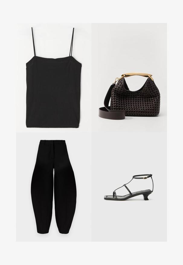 Černá bezramínková košilka s tenkými ramínky, vyrobená z měkké směsi bavlny, s rovnou výstřihovou linii a přiléhavým střihem.; Černé široké kalhoty s vysokým pasem, sklady na přední straně a zúženými kotníky. Vyrobeny z hladké látky s matným povrchem.; Černá kožená sandál s čtveratou špičkou, tenkými popruhy, nastavitelným kotníkovým popruhem a nízkým podpatkem. Obsahuje malý zlatý akcent na popruhu.; Elleme BOOMERANG WOVEN - Kabelka - brown