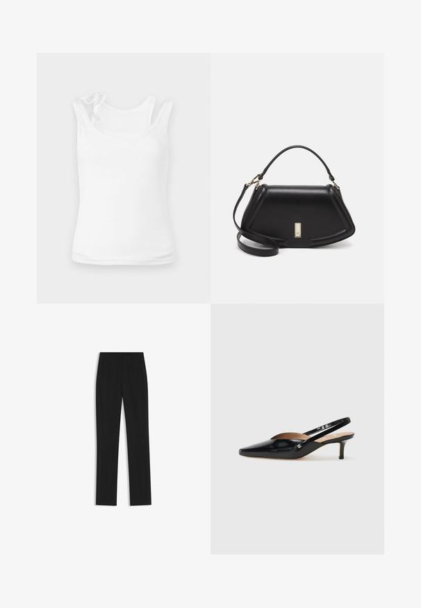 Top bianco senza maniche realizzato in tessuto morbido e elastico. Presenta un collo rotondo e spalline sottili con dettaglio decorativo a fiocco. Texture liscia.; Pantaloni neri su misura con un design a gamba dritta, dotati di tasche frontali e un tessuto liscio e strutturato. Dettagli ordinati e minimalisti.; Décolleté slingback in vernice nera con punta affilata, tacco basso e design con aperture sul vamp. Accento in hardware color oro sul lato.; Borsa a mano in pelle nera con un design strutturato, caratterizzata da una forma corta, manico superiore e accessori in metallo dorato. Inclusa tracolla regolabile.
