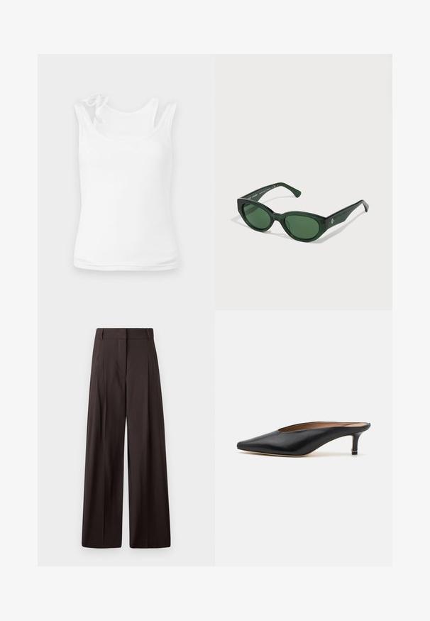 Biały top bez rękawów wykonany z miękkiego, elastycznego materiału. posiada zaokrąglony dekolt oraz cienkie ramiączka z dekoracyjnym wiązaniem. Gładka faktura.; Czarne spodnie szerokie w nogawkach z wysokim stanem, z przednimi zakładkami, gładką fakturą i minimalistycznym designem.; Czarne skórzane klapki z ostro zakończonym noskiem i niskim, prostokątnym obcasem. Gładka faktura z eleganckim wzornictwem. Otwarty tył z minimalnymi detalami.; Zielone okulary przeciwsłoneczne z błyszczącym wykończeniem, prostokątne oprawki i ciemnozielone soczewki. Posiadają subtelne logo po stronie zausznika.; Czarna skórzana torba na ramię z kwadratowym uchwytem, z teksturowanym wykończeniem i wytłoczonym logo. Zawiera odpinany pasek.