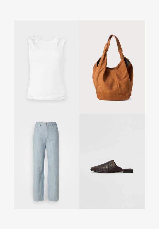 Top de tirantes blanco hecho de una tela suave y elástica. Presenta un escote redondeado y tirantes delgados con un detalle decorativo de lazada. Textura suave.; Jeans de pierna recta en azul claro, hechos de denim. Cuenta con cinco bolsillos, un cierre de botón de metal y un sutil desgastado para añadir textura.; Mule negro sin cierres hecho de material texturizado con un patrón de reptil, que presenta un tacón bajo y plano y un diseño de punta redondeada y abierta.; Bolso de hombro de ante marrón con una textura suave, forma curva y dos asas. Presenta un diseño minimalista sin herrajes o acentos visibles.