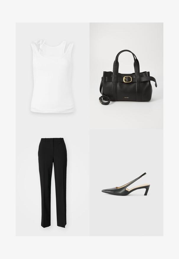 Bela majica brez rokavov iz mehkega in raztegljivega materiala. Ima zaobljen izrez in tanke naramnice z dekorativno zanko. Gladka tekstura.; Črne krojene hlače s direktnim krojem, ki se ponašajo z gladko teksturo in ostrimi pregibi spredaj. Ni vidne kovine.; Črne čevlje s koničastimi nosovi in slingback obliko z nizko peto, izdelane iz gladke usnjene materiale ter s črtasto zasnovo na strani za prezračevanje.; Črna usnjena torba s strukturirano zasnovo, dvojni zgornji ročaji, zlato-tonirni zaponka kot dodatek in vtisnjeni logotip blagovne znamke spredaj.