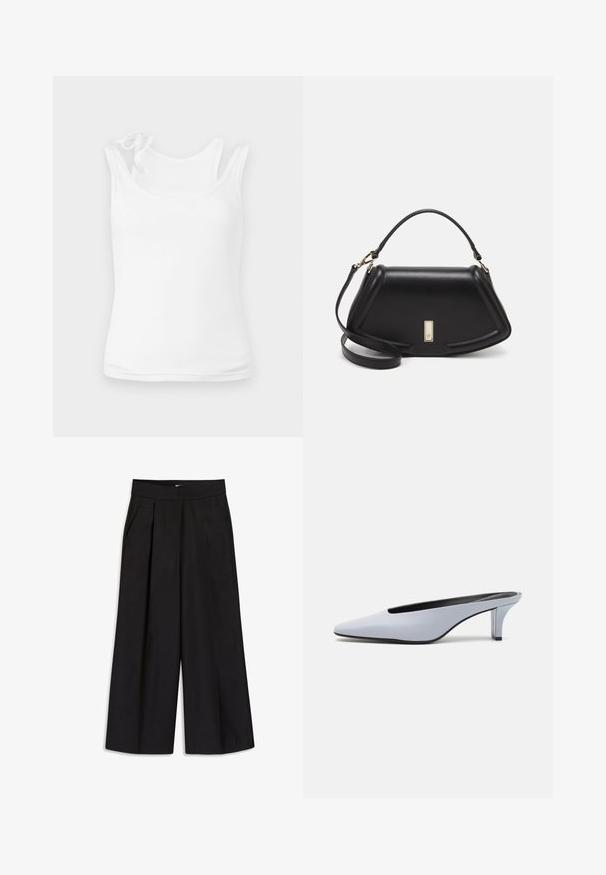 Hvit tanktop laget av myk, elastisk stoff. Har en rund halslinje og tynne stropper med dekorativ knytedetalj. Glatt tekstur.; svarte vide bukser med folder, beltehemper og sidelommer. Glatt stoff med en skreddersydd finish. Ingen synlig maskinvaren eller mønstre.; Lys blå patentlær mule med spiss tå, lav gjennomsiktig hæl og en elegant design med utskjæring på vampen.; Sort lærveske med en strukturert design, som har en avkortet form, topphåndtak og detaljer i gull. Justerbar skulderstropp inkludert.
