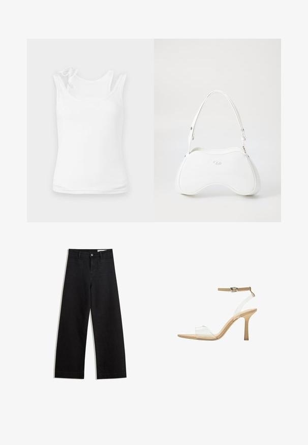 Hvid tanktop lavet af blødt, strækbart stof. Har en afrundet halsudskæring og tynde stropper med dekorative binds detaljer. Glat overflade.; Sorte wide-leg denim bukser med høj talje, der har front- og baglommer, syede sømme og en knaplukning. Glat tekstur.; Klart hælet sandal med en gennemsigtig overdel, beige fodseng og en slank ankelrem. Har en spids tå og en tynd høj hæl.; Hvid håndtaske med en glat, blank overflade, afrundet form og en enkelt justerbar strop. Har et præg af logo på forsiden.