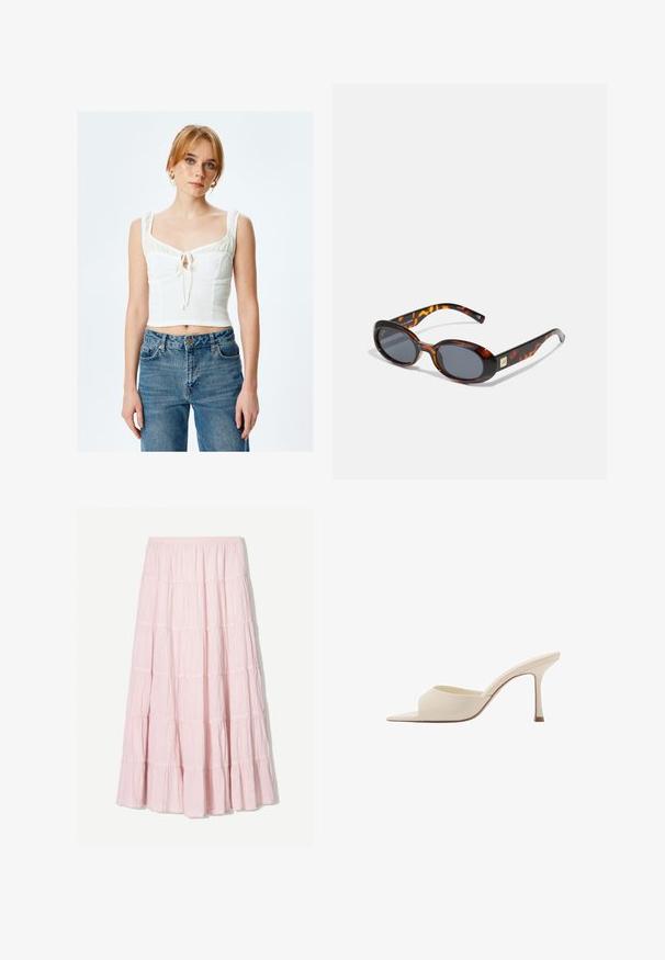 Hvid cropped top med tekstureret stof, firkantet halsudskæring og rynkede stropper; bindedetalje i midten. Kombineret med højtaljede blå jeans.; Lys pink, lagdelt maxi skirt lavet af et tekstureret, letvægtsstof. Elastisk talje og flydende kant med flæse-detaljer.; Spids tå mule i blød beige laklæder med en slank høj hæl og åben bag, der har en glat overflade og minimalistisk design.; Brune skildpaddemønstret solbriller med ovale linser og mørkegrå toning. Har en guldfarvet accent på stængerne. Glat plastoverflade.; Rød læderhåndtaske med et kantet, geometrisk design. Har en enkelt justerbar rem og en klaplukning med syede detaljer.; Guldfarvet kædearmbånd med sammenkoblede ovale og runde led, forsynet med en klipslås. Glat, blank metalfinish.
