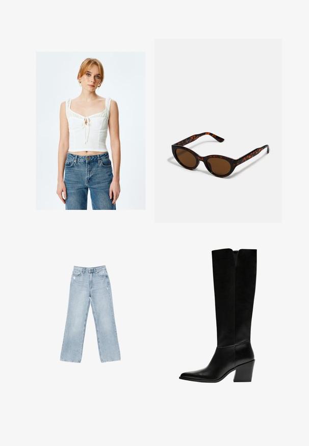 Biała, krótka bluzka z teksturowanej tkaniny, kwadratowym dekoltem i falbaniastymi ramiączkami; związany detal na środku. Połączona z niebieskimi dżinsami na wysokim stanie.; Jasnoniebieskie dżinsy o szerokim kroju, z wystrzępieniami, pięcioma kieszeniami oraz zapięciem na zamek błyskawiczny.; Czarne kozaki do kolan wykonane z gładkiej skóry, z ostro zakończonym noskiem, blokowym obcasem i wycięciem w kształcie litery V na górze.; Brązowe okulary przeciwsłoneczne w stylu tortoishell o klasycznym kształcie kociego oka i brązowych soczewkach. Posiadają zakrzywione ramiona z czerwonymi akcentami.