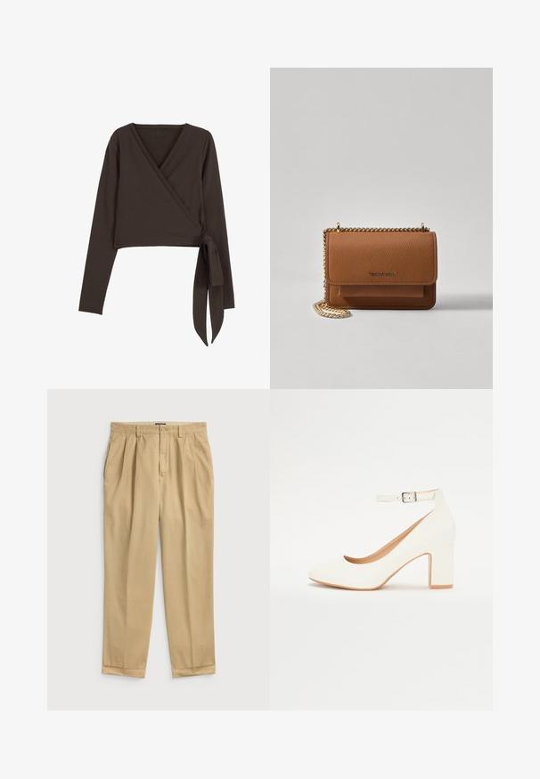 Maglia avvolgente marrone a maniche lunghe con profondo scollo a V e dettaglio con fiocco laterale. Realizzata in tessuto morbido ed elastico con una texture liscia.; Pantaloni di cotone beige chiaro con una vestibilità rilassata, caratterizzati da pinces frontali, tasche laterali e orlo con risvolto.; Scarpa bianca con tacco alto, punta affusolata, tacco blocco e cinturino alla caviglia. Finitura liscia con una leggera lucentezza e rivestimento interno beige.; Borsa a tracolla in pelle marrone con texture, dotata di catena dorata e chiusura a pattina. Sul davanti presenta un dettaglio con logo e una tasca sotto la pattina.