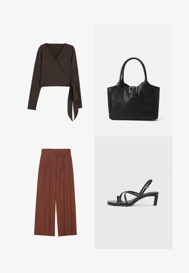 Hnedý dlhý rukáv vrchný diel so širokým V-výstrihom a detailom bočného viazania. Vyrobený z mäkkej, elastickej látky s hladkou textúrou.; Hnedé široké nohavice vyrobené z látky, s opaskom so štvorcovou prackou, s nariaseným dizajnom a hladkou textúrou.; Čierne sandále na vysokom podpätku so štvorcovou špičkou a nízkym blokovým podpätkom. Obsahujú viacero tenkých popruhov a nastaviteľný členkový popruh. Vyrobené z hladkej kože.; Čierna kožená taška s hladkou textúrou, štruktúrovaným tvarom, dvoma uchami a výrazným strieborným prackovým detailom na prednej strane.
