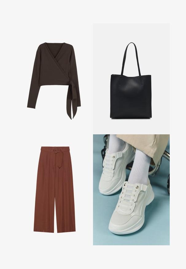 Pruun pika käistega rätsepatop, millel on sügav V-kaelus ja külgside detail. Valmistatud pehmest ja venivast kangast, millel on sile tekstuur.; Küljed on laiad pruunidest kangast püksid, millel on ruudukujuline pandla ja pleeditud disain, samuti sile tekstuur.; Valged spordijalatsid, millel on võrkmaterjal, kummitald, sidumata disain elastsete riba ja kuldsete detailidega.; Mustast nahast kott sujuva tekstuuriga, ristkülikukujuline ja kahe pika sangaga. Pole nähtavat riistvara ega kaunistusi.