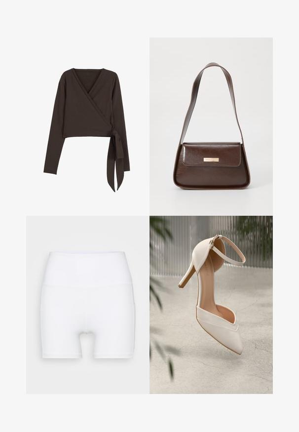 Brown long-sleeve wrap top with a deep V-neck and side tie detail. Made from soft, stretchy fabric with a smooth texture.; White high-waisted shorts made from stretch fabric. Features a smooth texture and fitted design, with no additional patterns or hardware.; White high-heeled shoe in smooth material with pointed toe and ankle strap. Features a light tan interior and gold-tone hardware accent.; Brown leather shoulder bag with a structured shape, featuring a magnetic flap closure and a metallic logo accent on the front.
