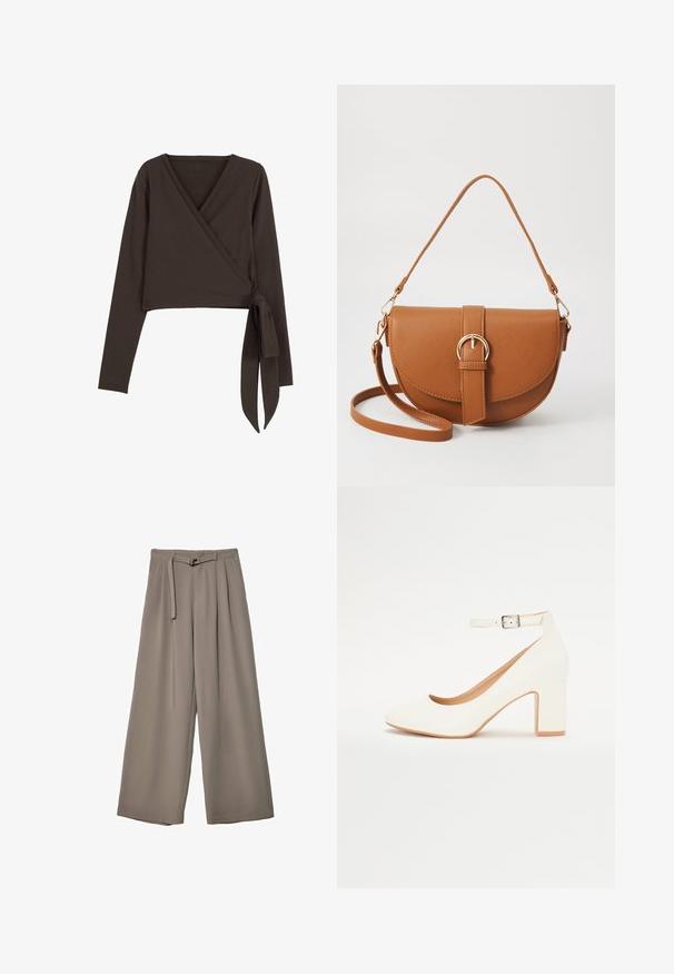 Brun långärmad sveptopp med djup V-ringning och sidband. Tillverkad av mjukt, elastiskt tyg med en slät textur.; Breda byxor i ett mjukt, dämpat grått tyg, med belagd midja och veck för extra designdetaljer. Slät textur, inga mönster.; Vita högklackad sko med spetsig tå, blockklack och ankelrem. Slät yta med en subtil lyster och beige inredning.; Brun läder crossbody-väska med en böjd form, gyllene detaljer och en spänneaccent. Har en avtagbar axelrem.