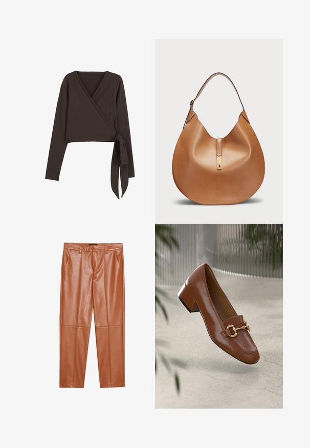 Top envolvente de manga larga marrón con un escote en V profundo y detalle de lazo en el costado. Confeccionado en una tela suave y elástica con una textura lisa.; Pantalones de imitación de cuero marrón con un corte entallado, que presentan pliegues frontales y piernas rectas. Textura suave sin herrajes o acentos visibles.; Mocasines de charol marrón con punta cuadrada, acento de cadena metálica y tacón bajo; textura suave, diseño minimalista.; Bolso de mano de cuero marrón claro con forma curva y una amplia correa para el hombro. Presenta un acento de metal dorado en el centro y una textura suave.