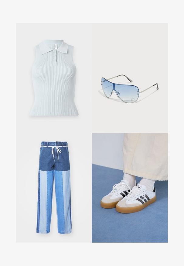 Top sem mangas em azul claro com texturização canelada, gola e tapeta de três botões, apresentando um corte justo e textura suave.; Calças de ganga azuis com um design em patchwork com diferentes tons de azul, cintura com cordão e pernas largas de corte reto.; Ténis brancos com riscas pretas e detalhes em camurça bege. Apresentam uma sola de borracha texturizada e atacadores brancos lisos, usados com meias de tom claro.; Óculos de sol aviador com lentes azuis em degradê, armação metálica prateada e detalhes decorativos de estrelas nas lentes. Design suave e elegante.